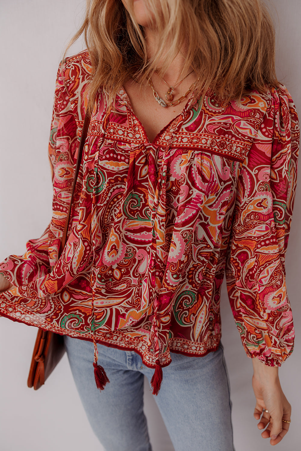 Multicolour Ethnic Paisley Print Tassel Tie Puff Sleeve Boho Blouse