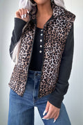 Brown Leopard Quilted Full Zipper Casual Puff Vest