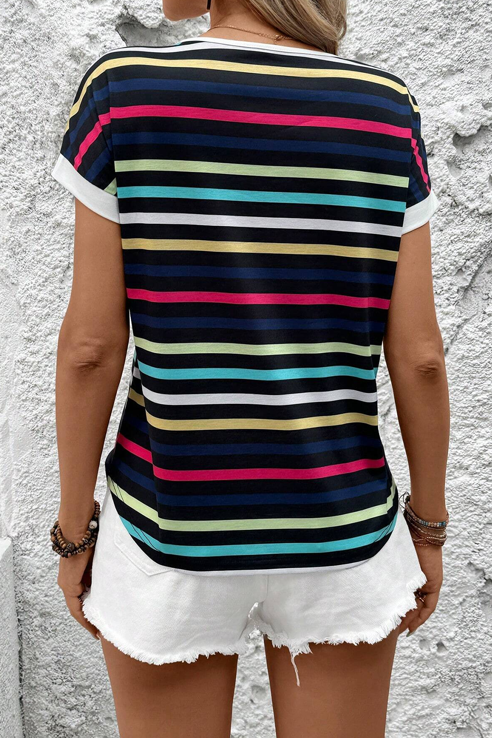 Black Stripe Multicolor Contrast Edge Crew Neck T Shirt