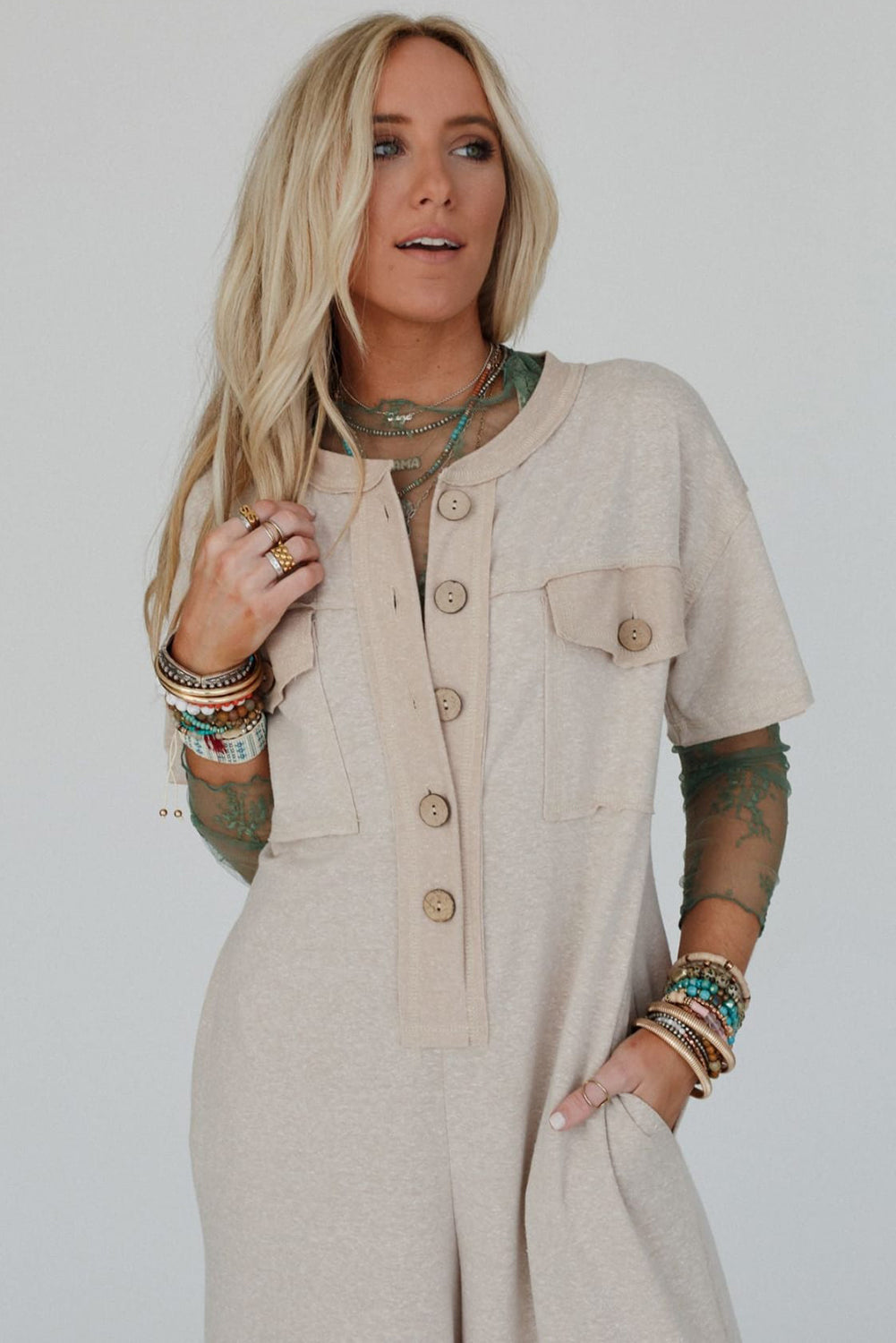 Beige Half Placket Chest Pockets Short Sleeve Wide Leg Jumpsuit
