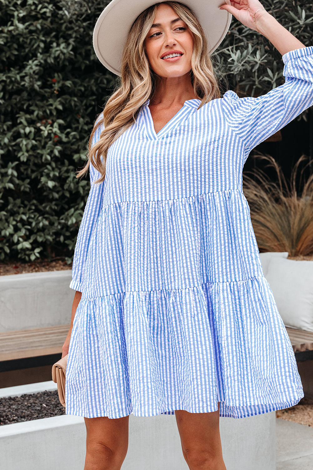 Sky Blue Stripe Bracelet Sleeve Tiered Shift Dress with Pockets