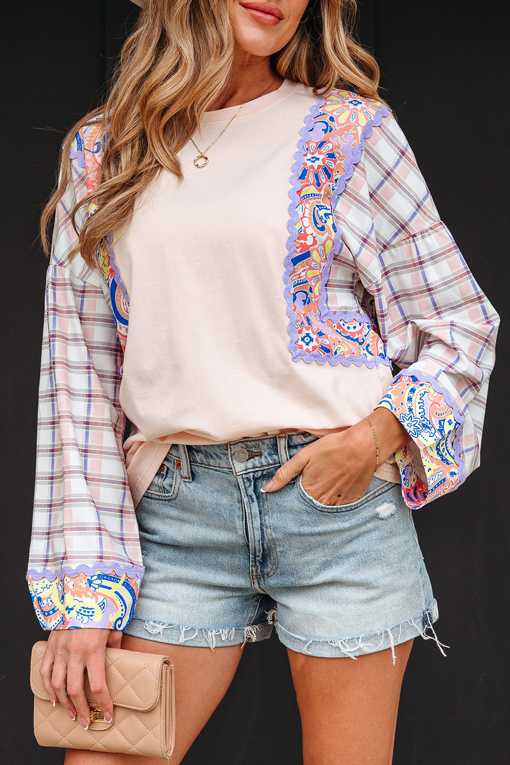 Delicacy Ricrac Trim Floral Plaid Patchwork Puff Sleeve Blouse