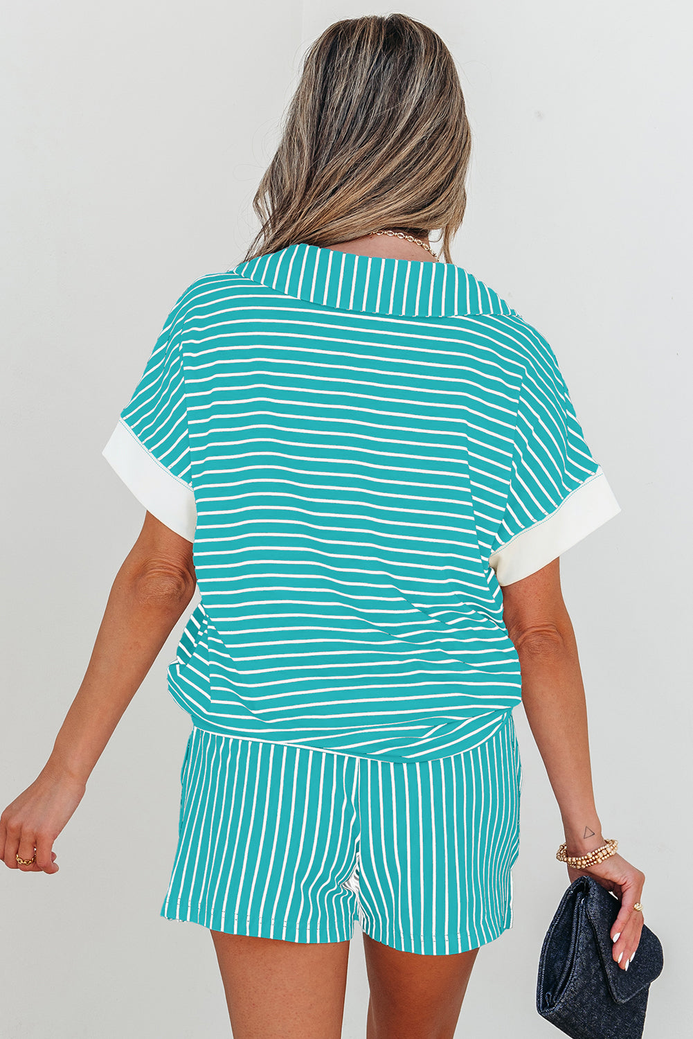 Black Stripe V Neck Tee and Casual Short Set