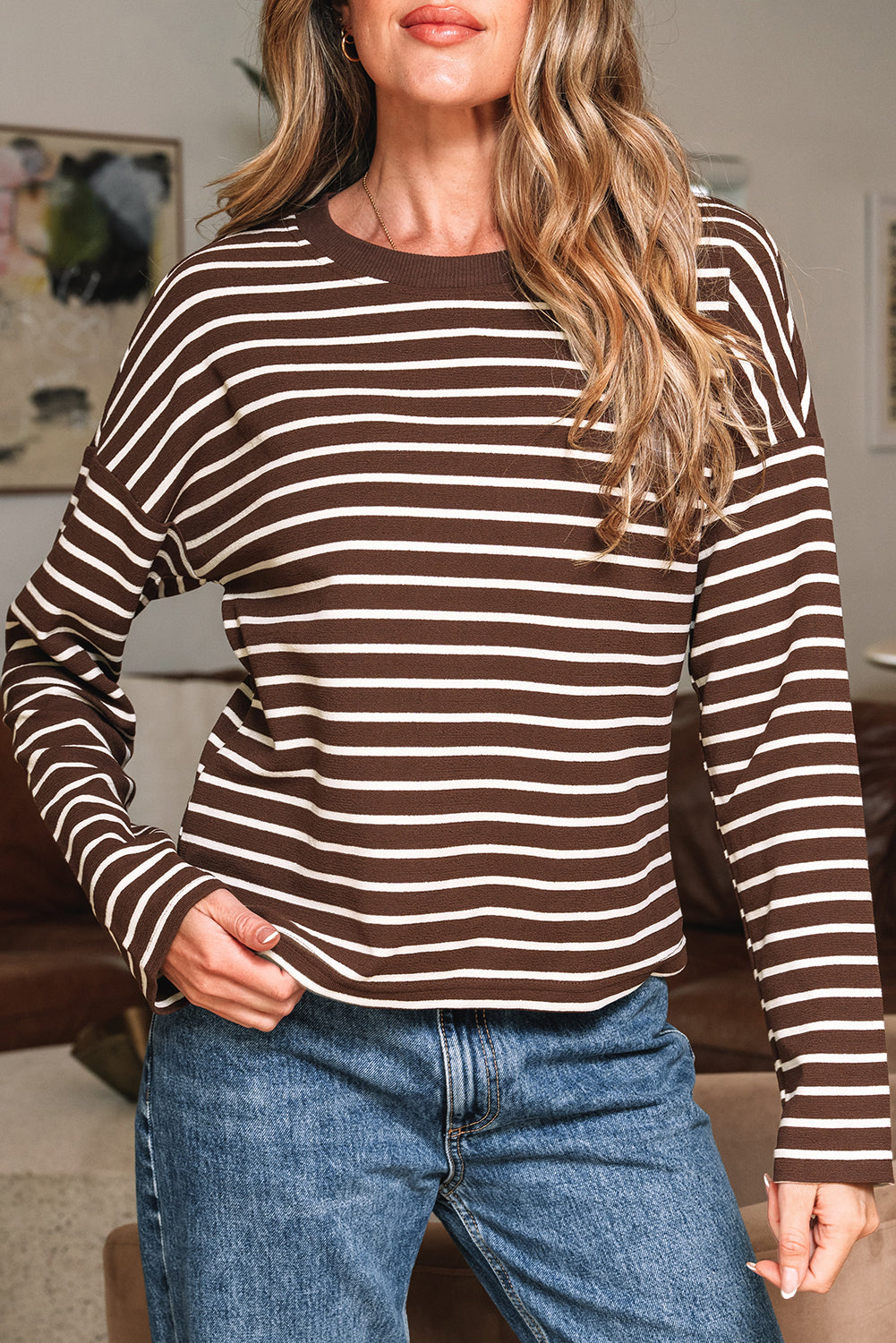 Brown Stripe Ribbed Cropped Crew Neck Long Sleeve T Shirt