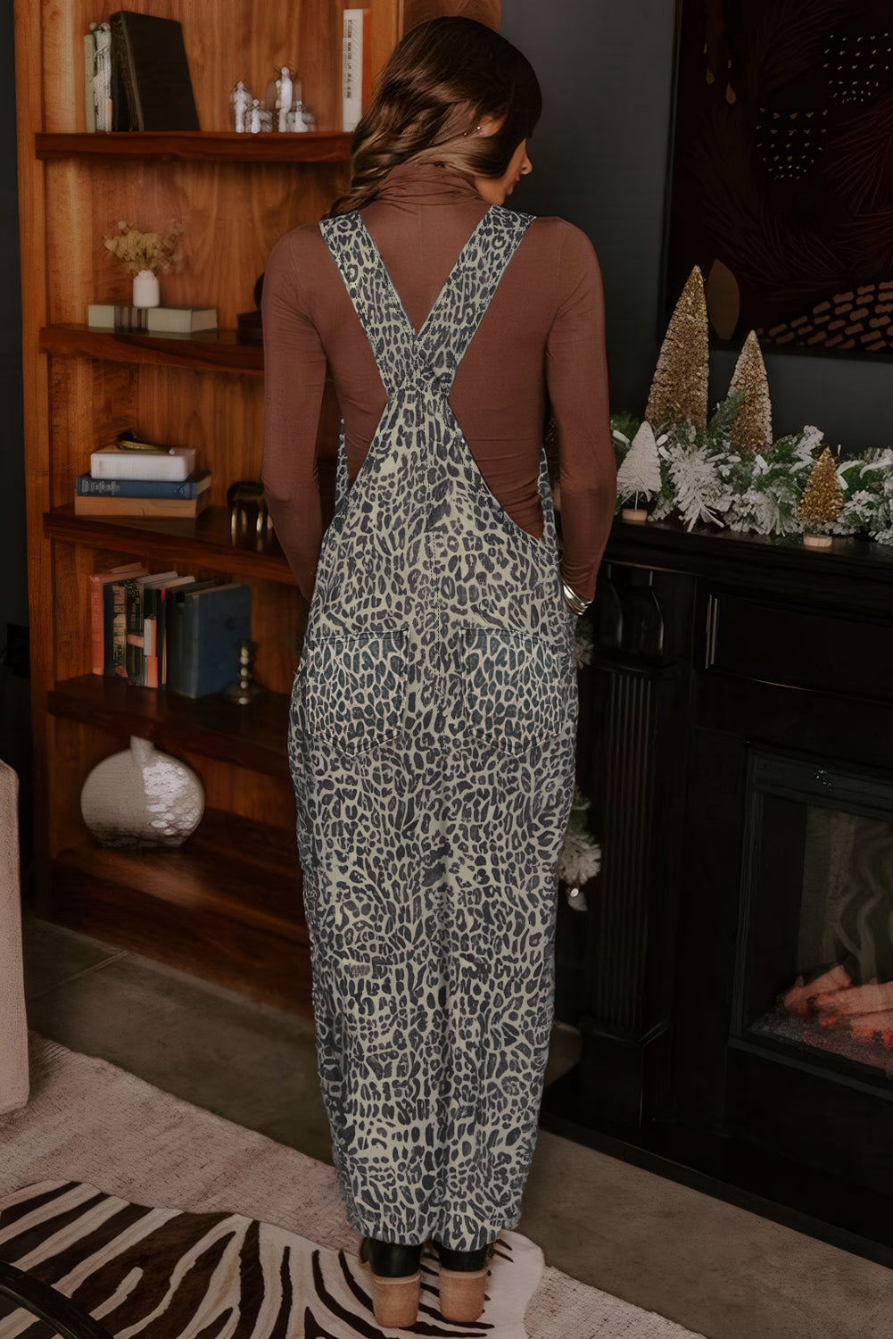 Brown Leopard Print Straight Leg Loose Denim Overall Jumpsuit