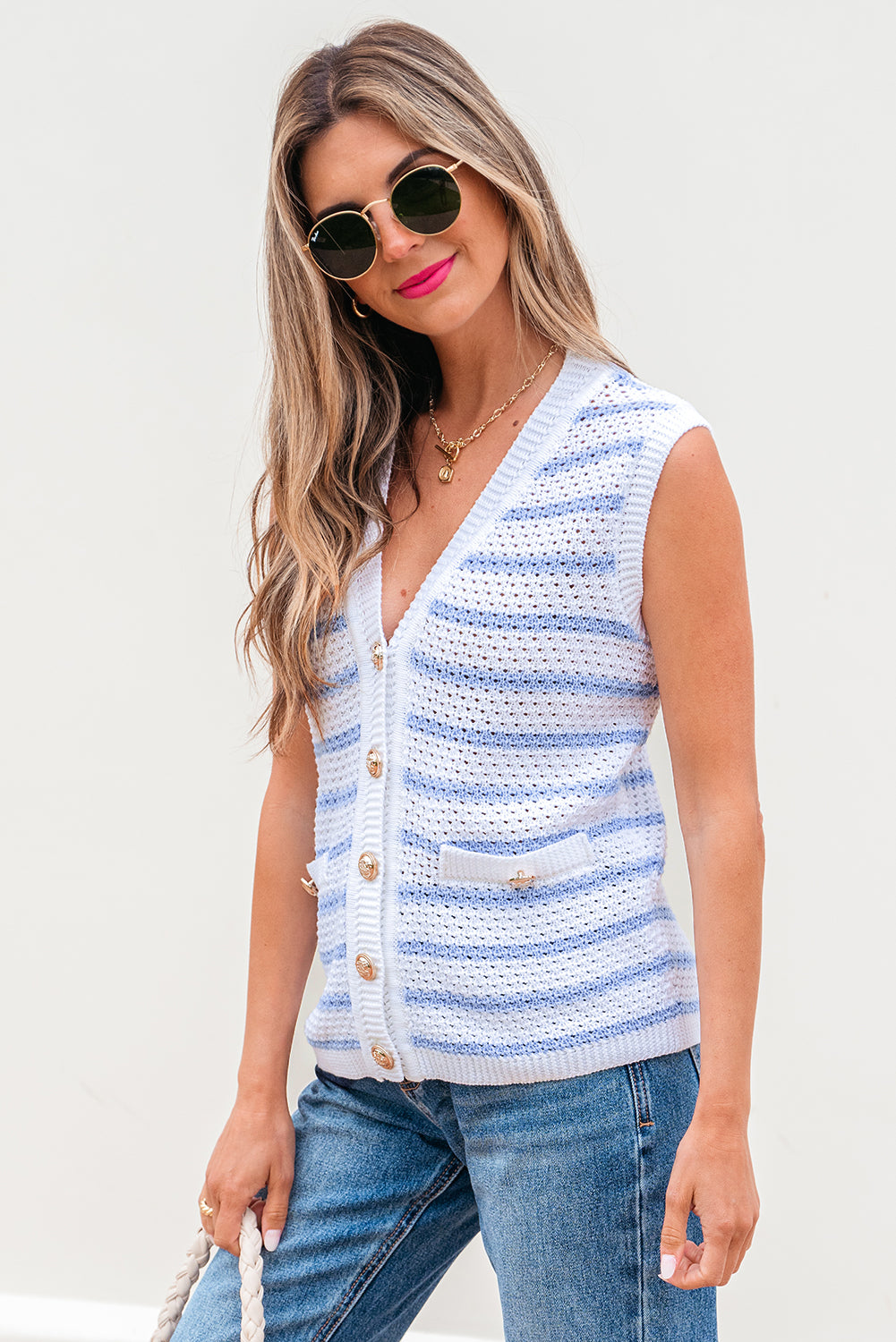 Pink Stripe V Neck Gold Buttons Elegant Sweater Vest