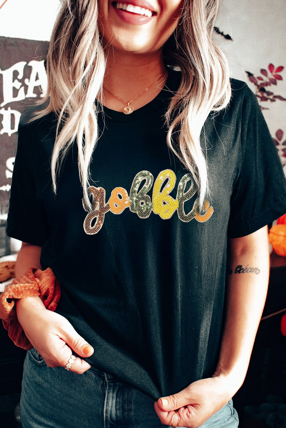 Black gobble Sequin Letter Graphic Thanksgiving T Shirt