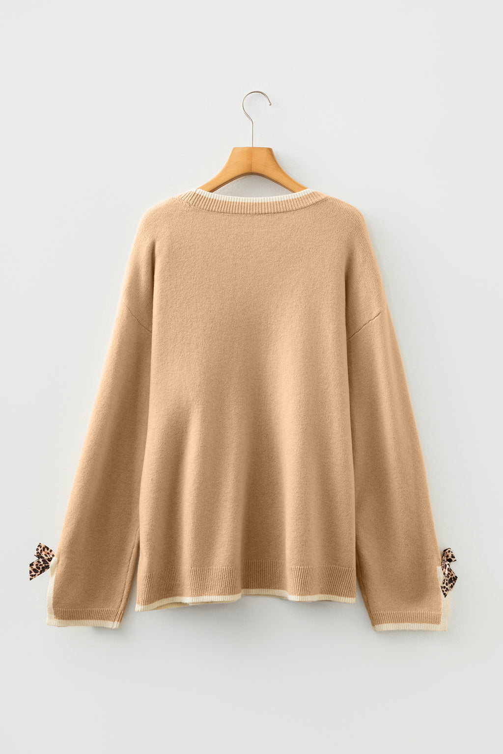 Tan Plus Size Leopard Bow Decor Split Cuffs Loose Sweater
