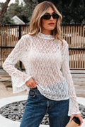 White Sheer Lace Bell Sleeve Mock Neck Blouse