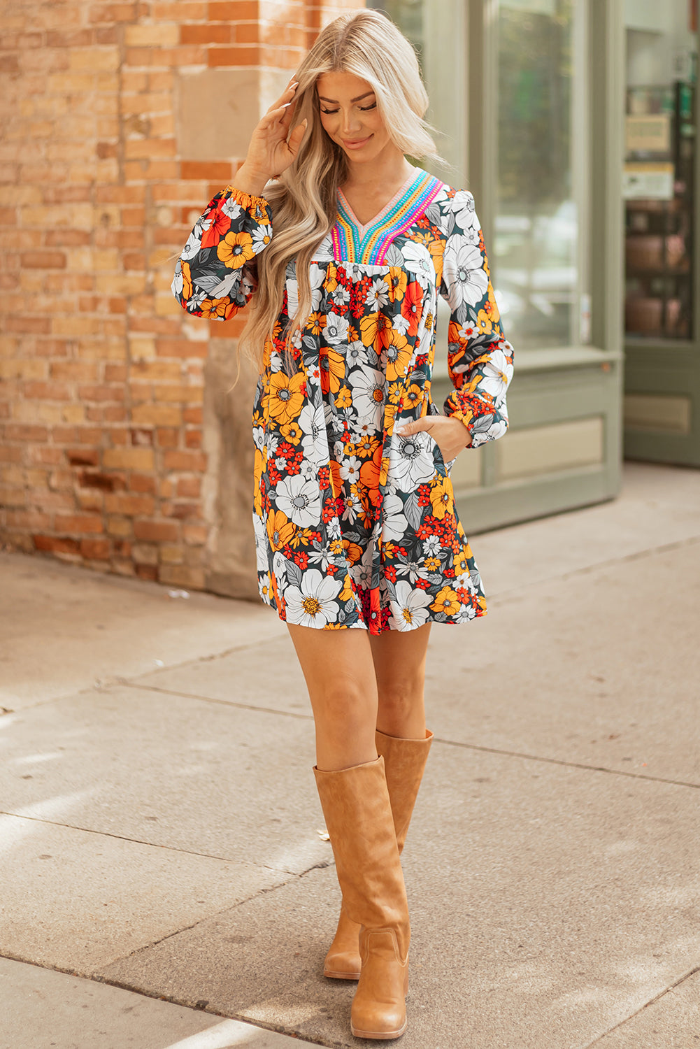 Orange Floral Print Striped Lace V Neck Long Sleeve Mini Dress