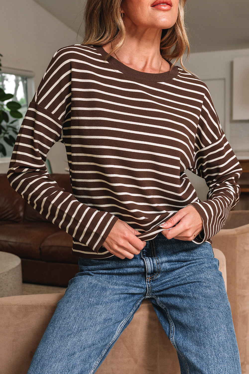 Brown Stripe Ribbed Cropped Crew Neck Long Sleeve T Shirt