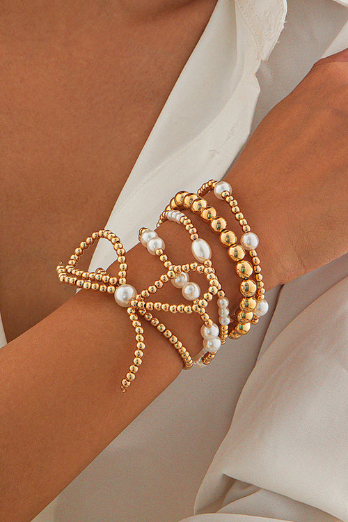 (Copy) Gold Bow Knot Pearl Beaded Multi Layered Bracelet Set