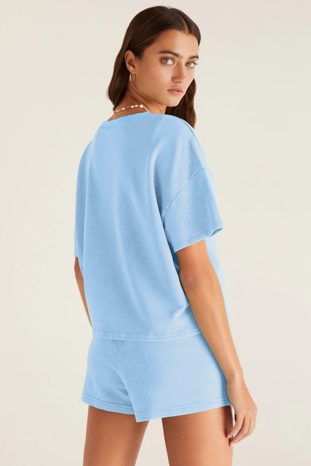 Myosotis V Neck Drop Shoulder Tee and Patchwork Drawstring Elastic Waistband Shorts Set
