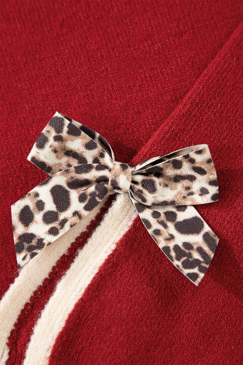 Black Leopard Bow Decor Split Cuff Contrast Trim Sweater