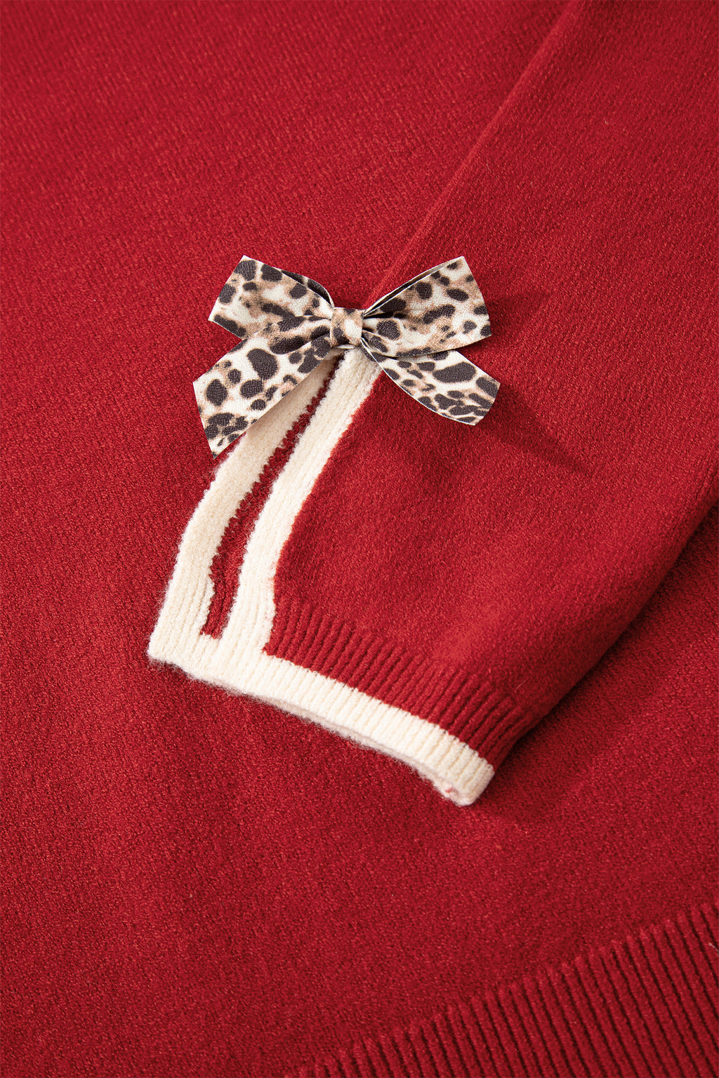 Black Leopard Bow Decor Split Cuff Contrast Trim Sweater