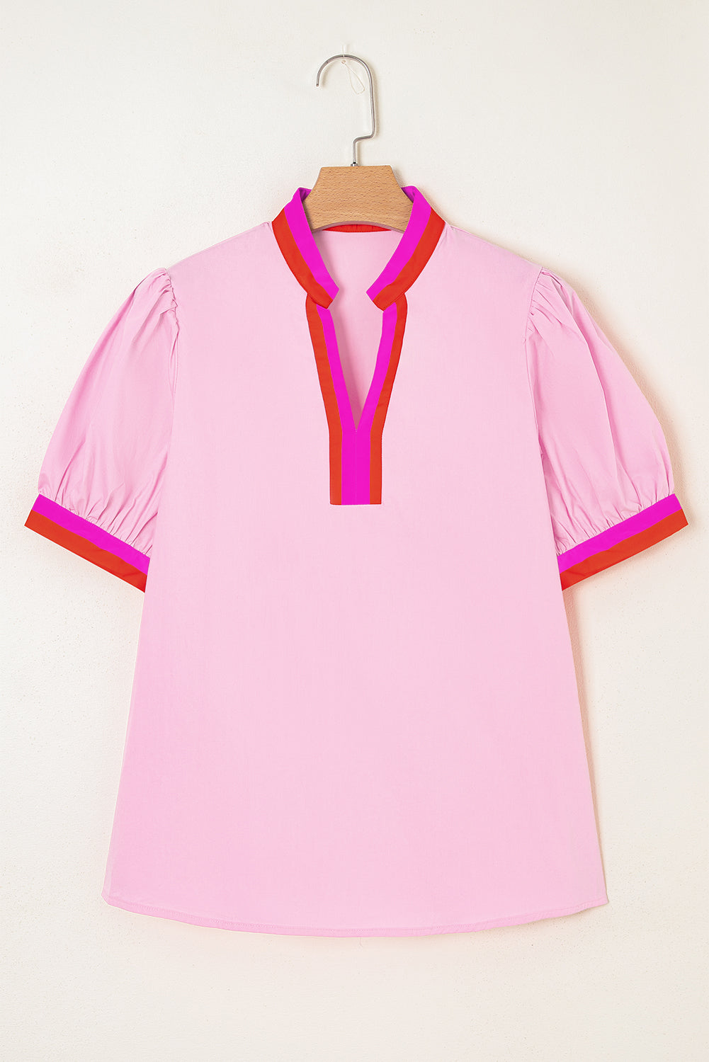 Sky Blue Contrast Striped V Neck Collision Short Puff Sleeve Blouse