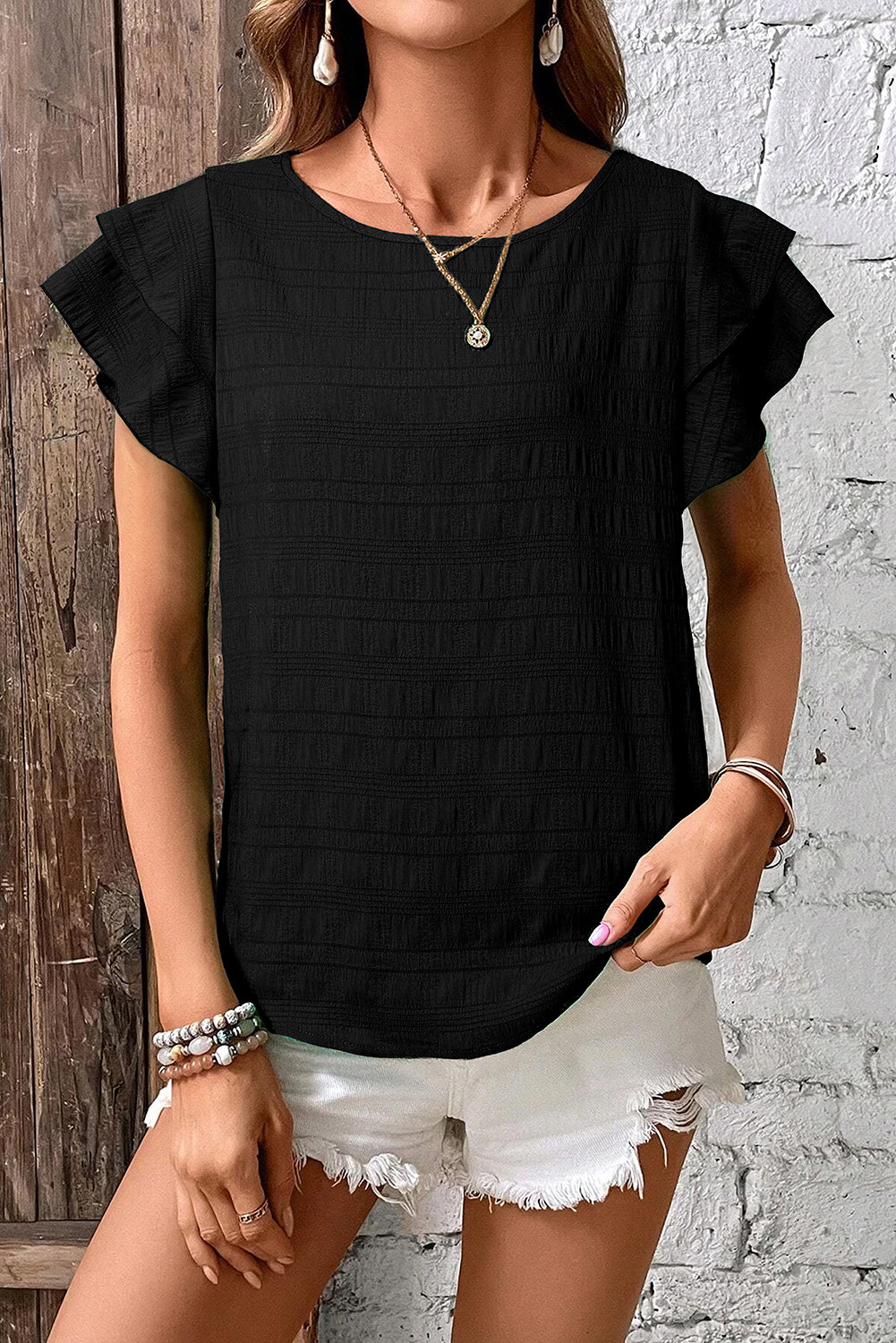 Txtrd Ruffle Top Dark Green Textured Ruffled Sleeve Round Neck Top – Beauty Chic Haven