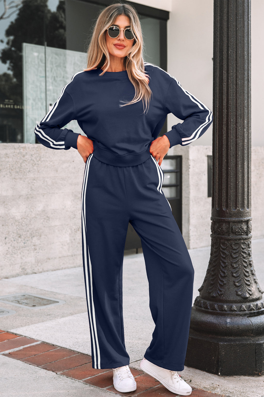 Fiery Red Varsity Striped Detail Crewneck Pullover Elastic Sweatpants 2pcs Outfit