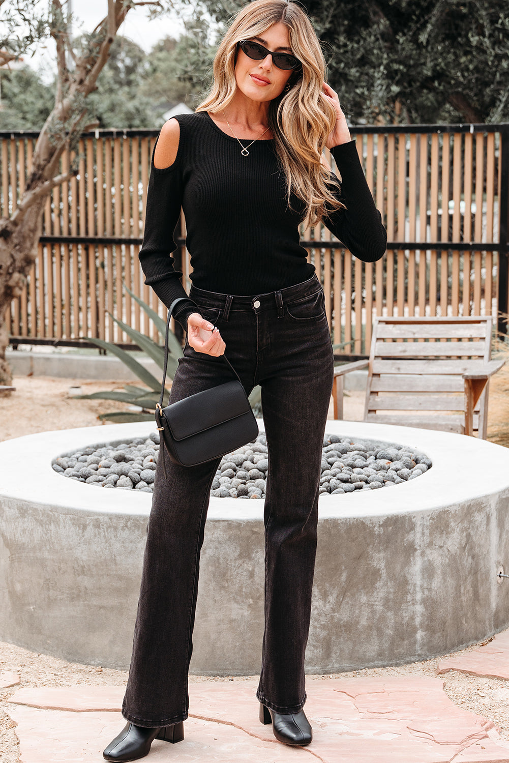 Black Ribbed Knit Cold Shoulder Sweater