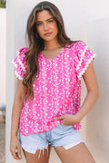 Pink Floral Print Ric-rac Tiered Ruffled V Neck Blouse