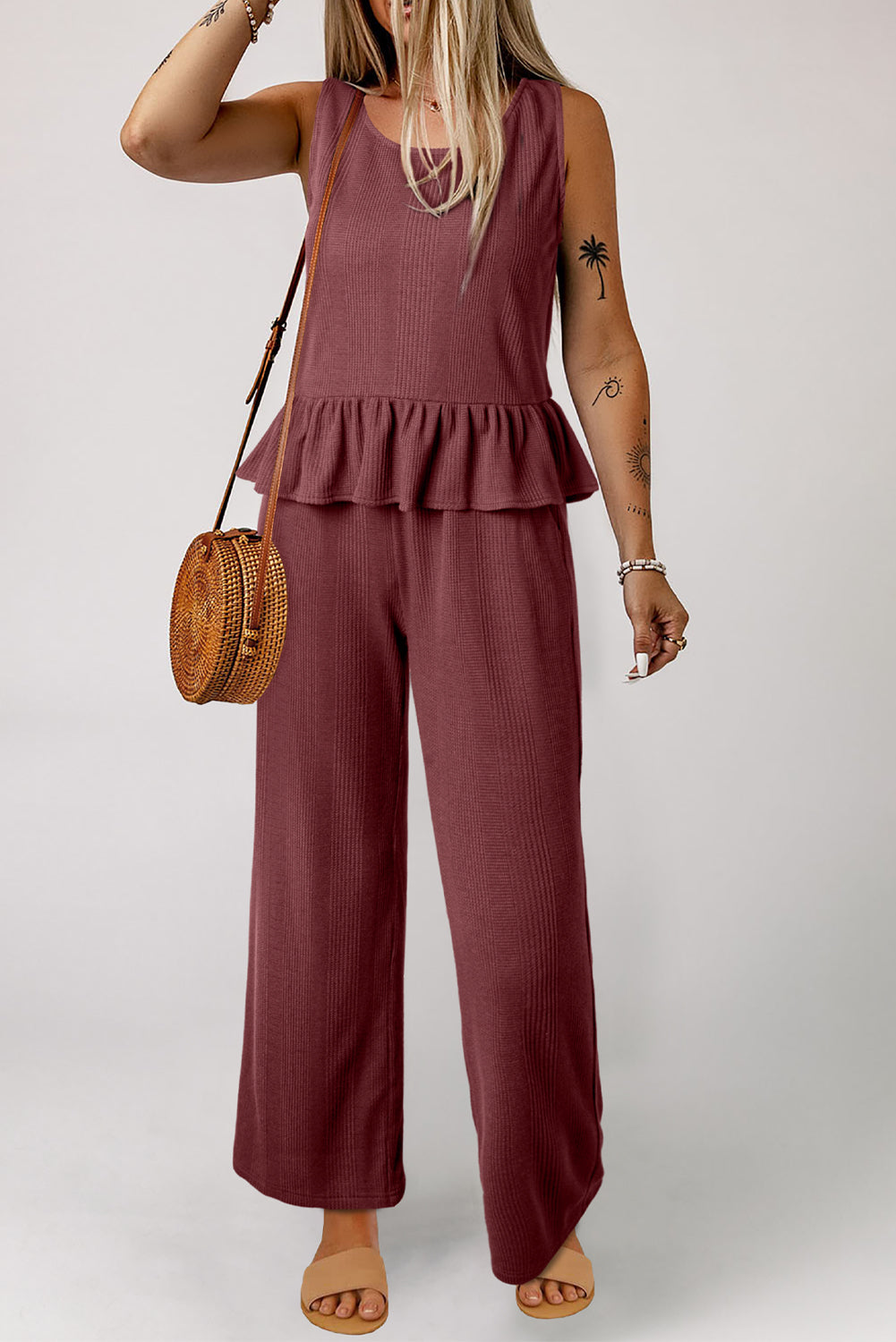 Duffel Green Solid Color Ribbed Ruffle Tank Top and Pants Set