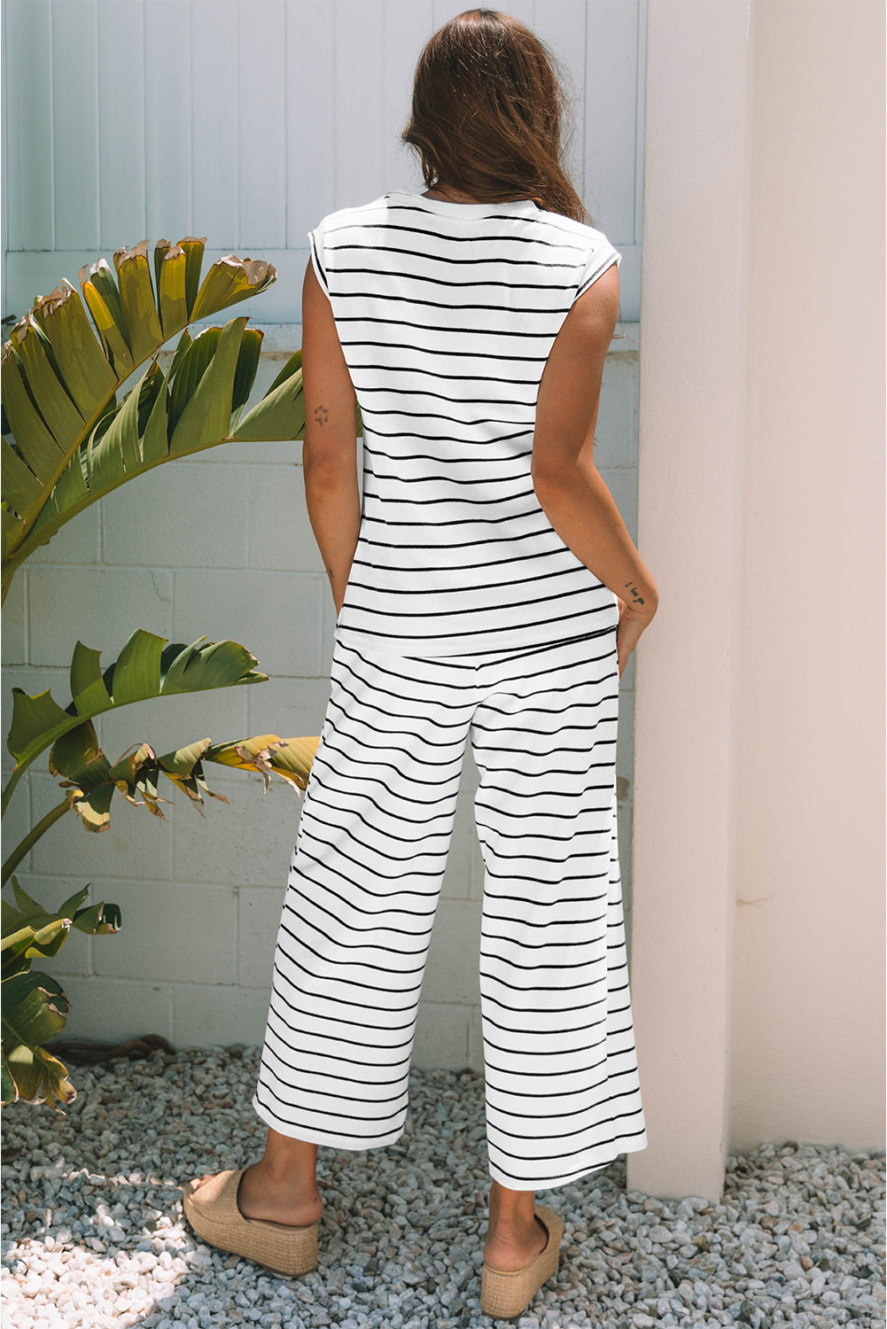 Rose Stripe Casual Wide Leg 2pcs Pants Set