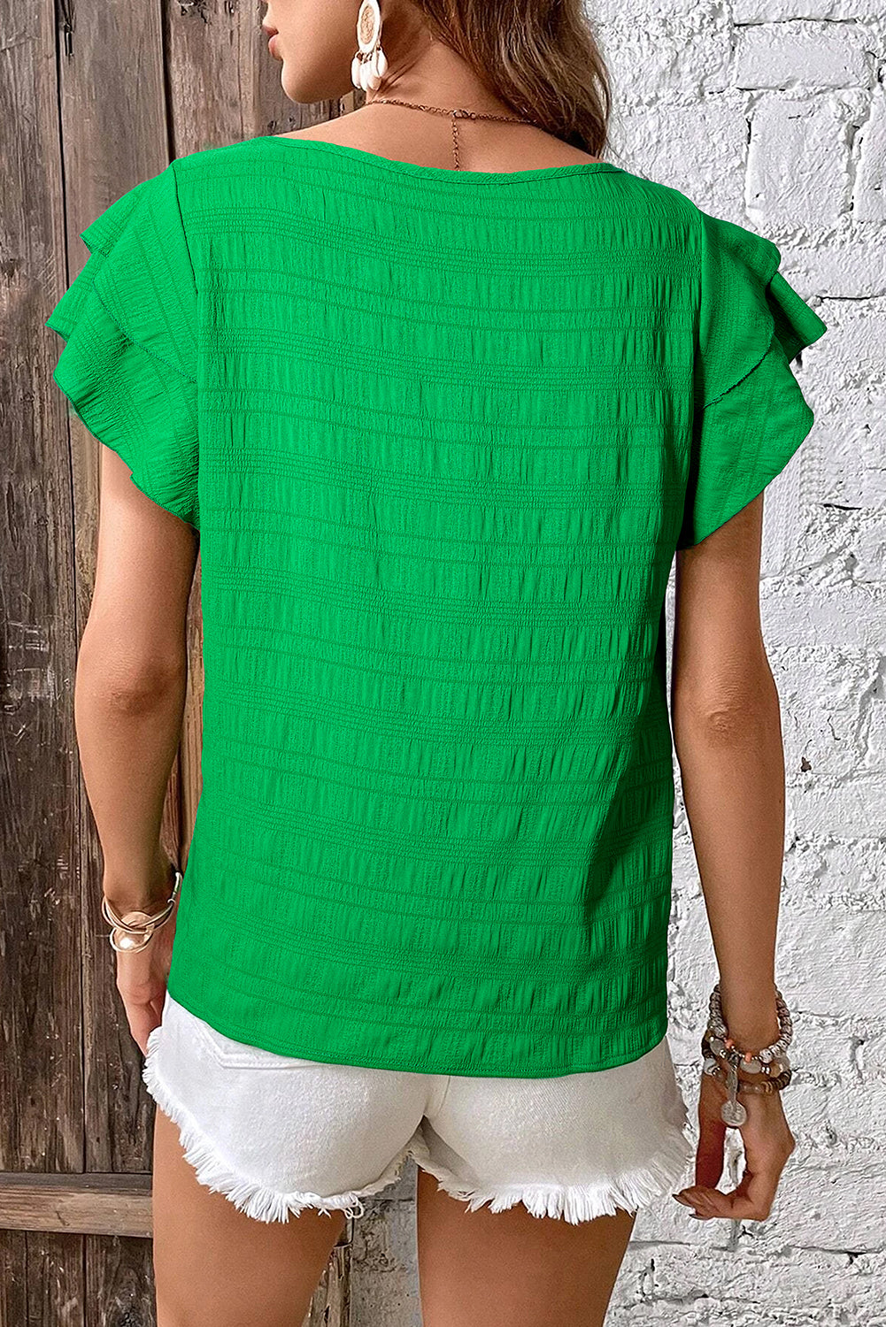 Green Ruffle Texture Dark Green Textured Ruffled Sleeve Round Neck Top – Beauty Chic Haven