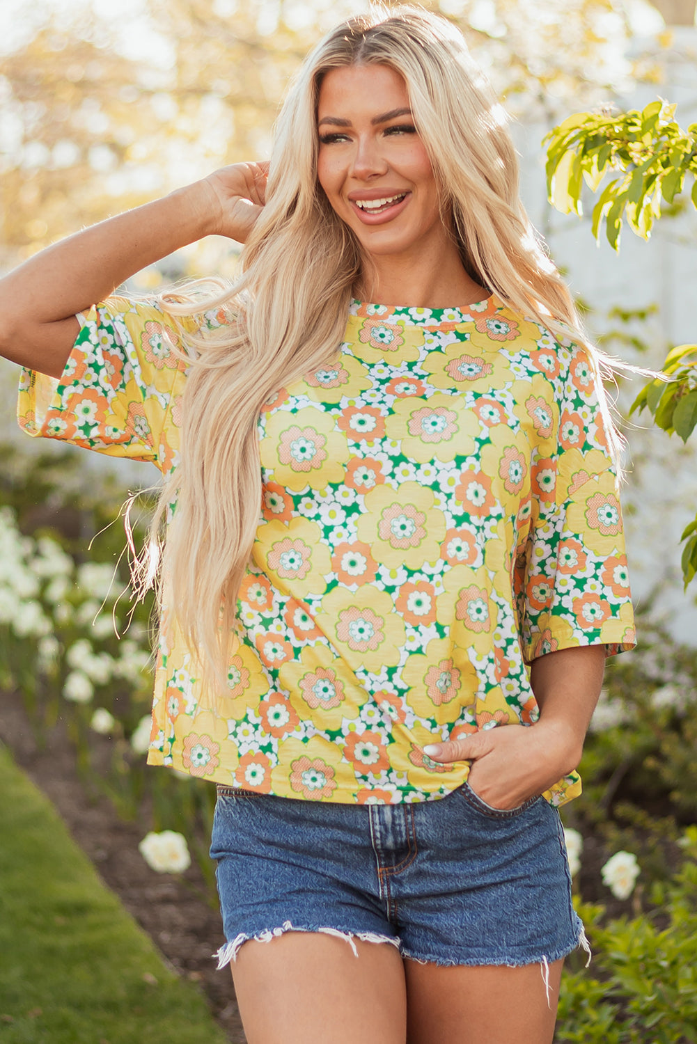 Yellow Summer Flower Printed Drop Shoulder Loose T Shirt