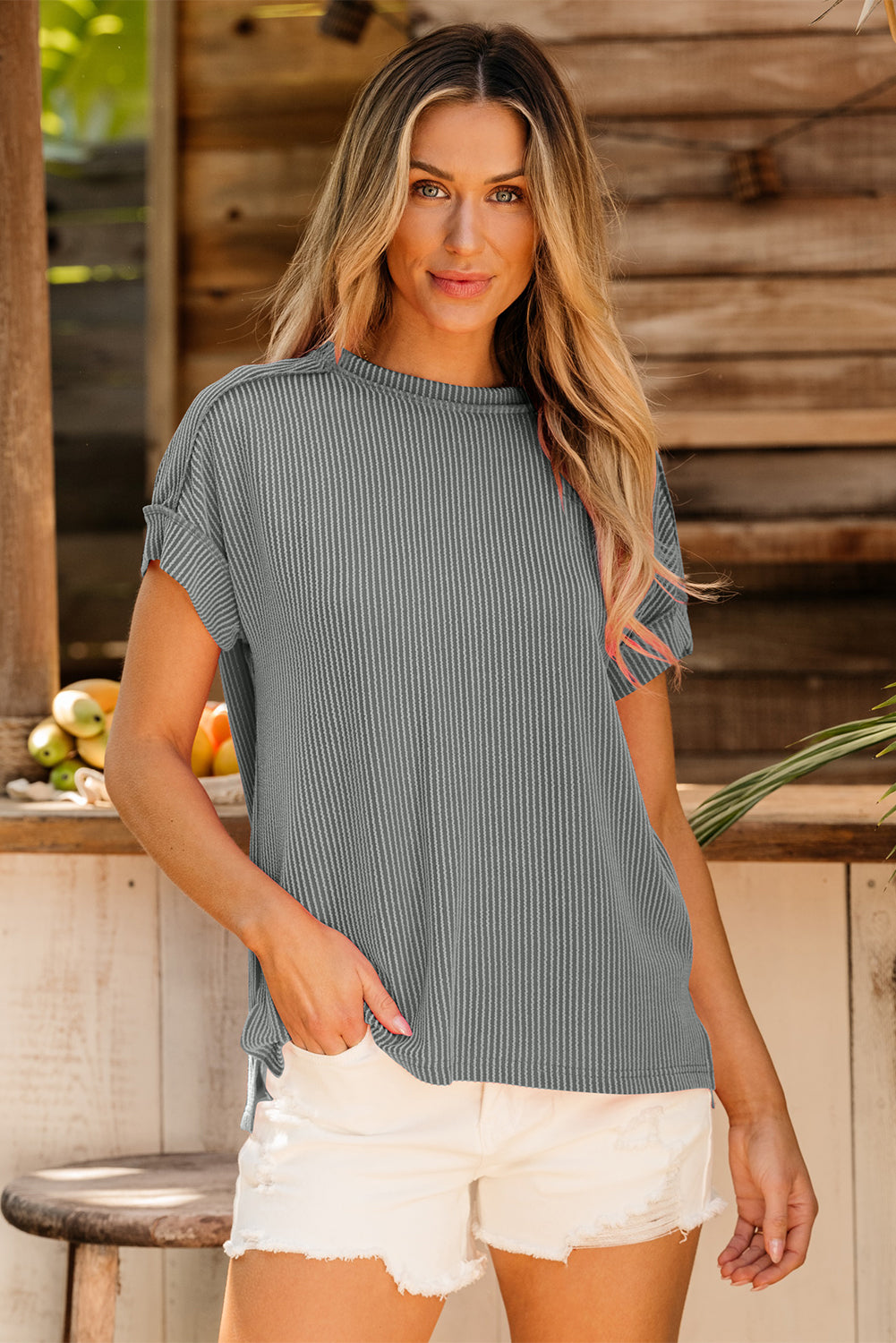 Dark Blue Textured Knit Exposed Stitching T-shirt