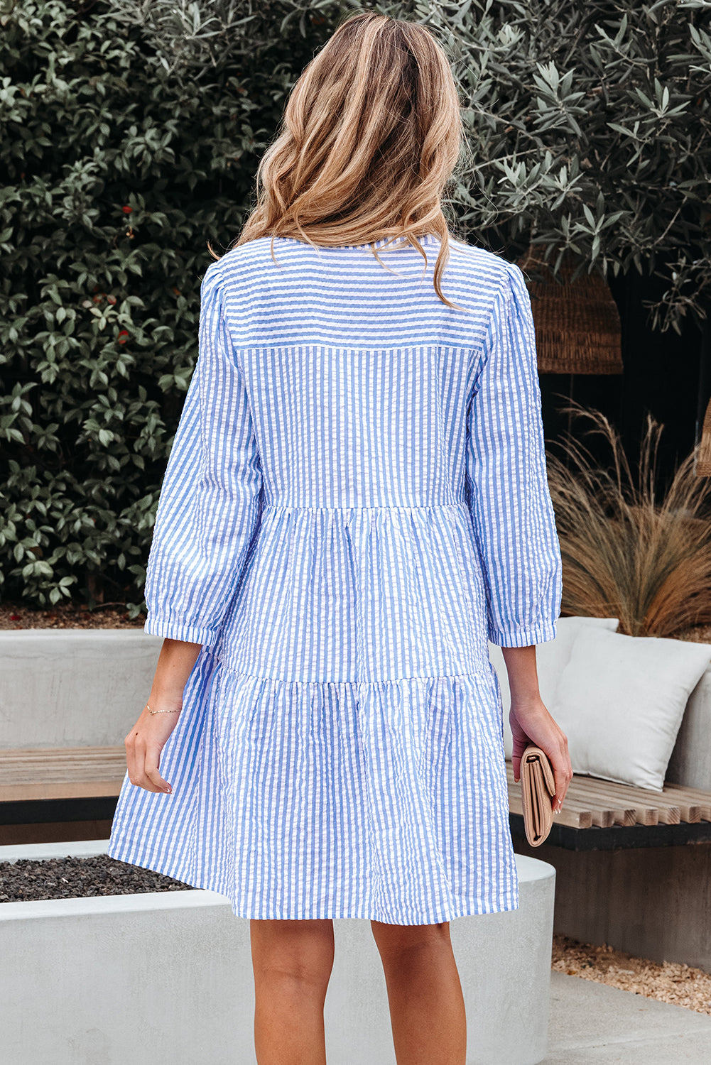 Sky Blue Stripe Bracelet Sleeve Tiered Shift Dress with Pockets
