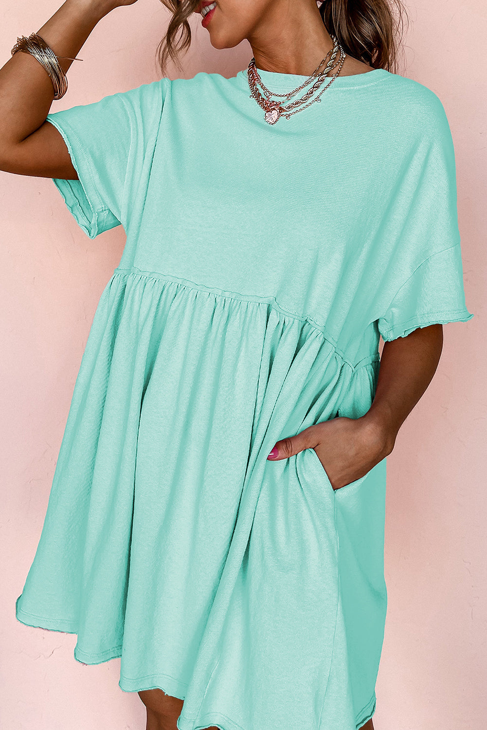 Sky Blue Solid Color Pocketed Raw Edge Babydoll Dress