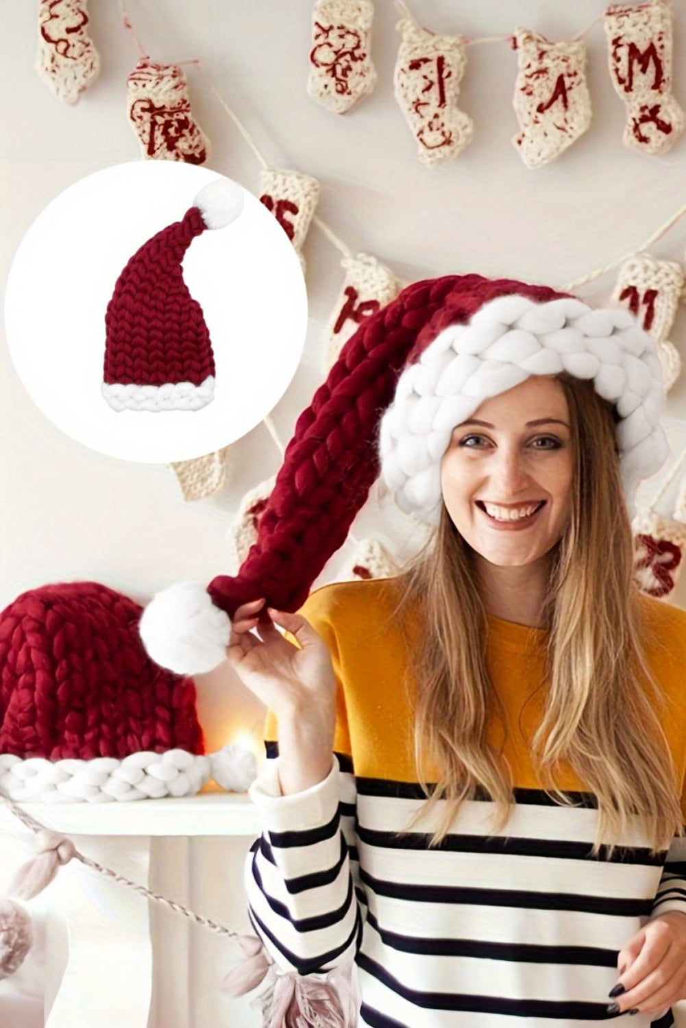 Dearlove Red Dahlia Color Block Pom Pom Decor Chunky Knitted Christmas Hat