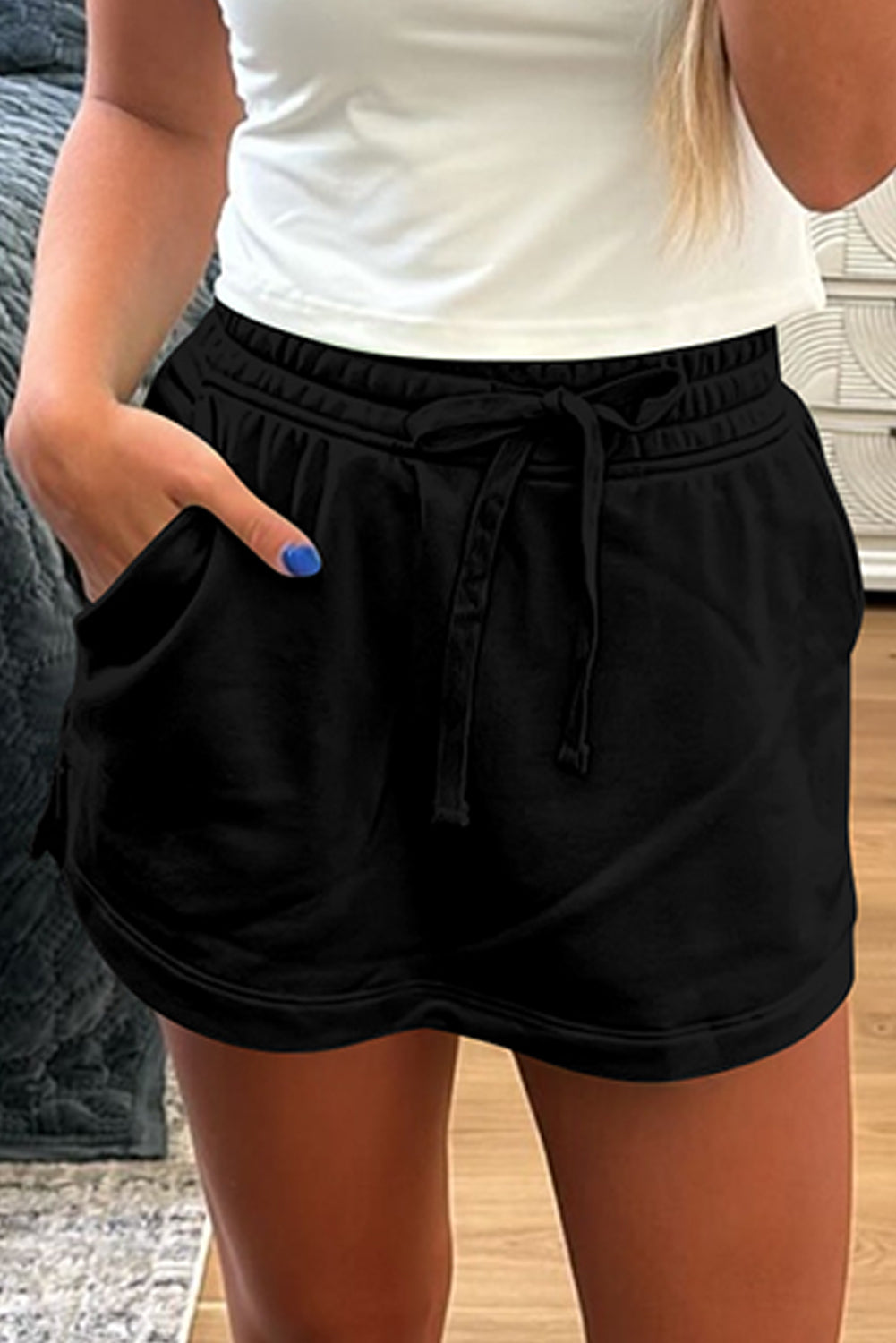 Light Green French Terry Drawstring Elastic Waistband Mini Skort with Pockets