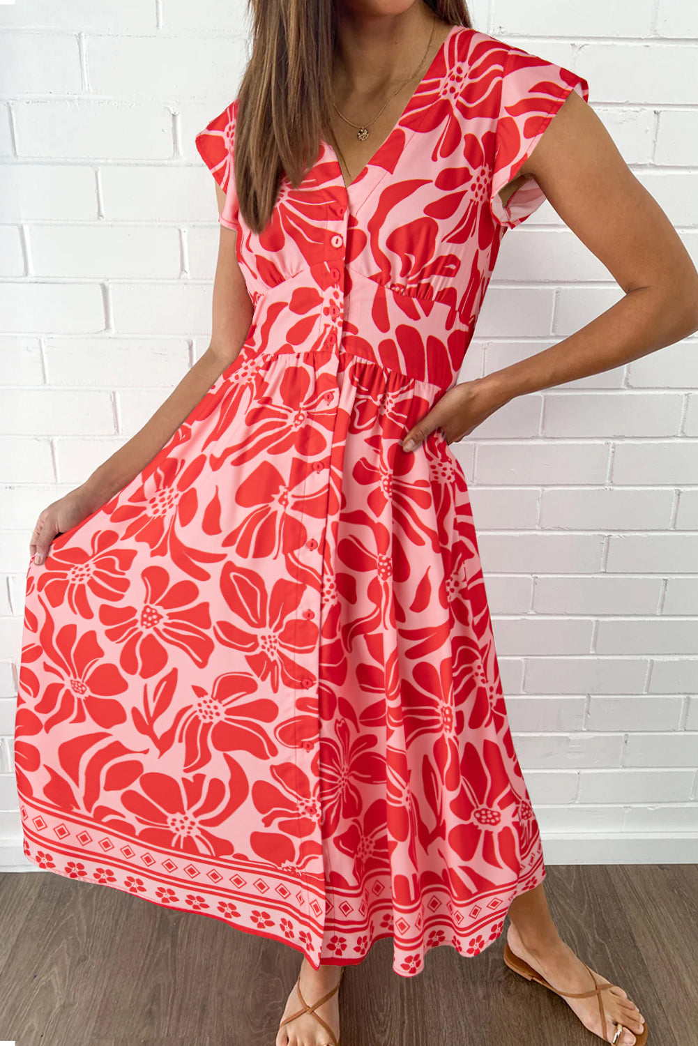 Red Boho Floral Short Sleeve V Neck Buttoned Shirred Waist Long Dress