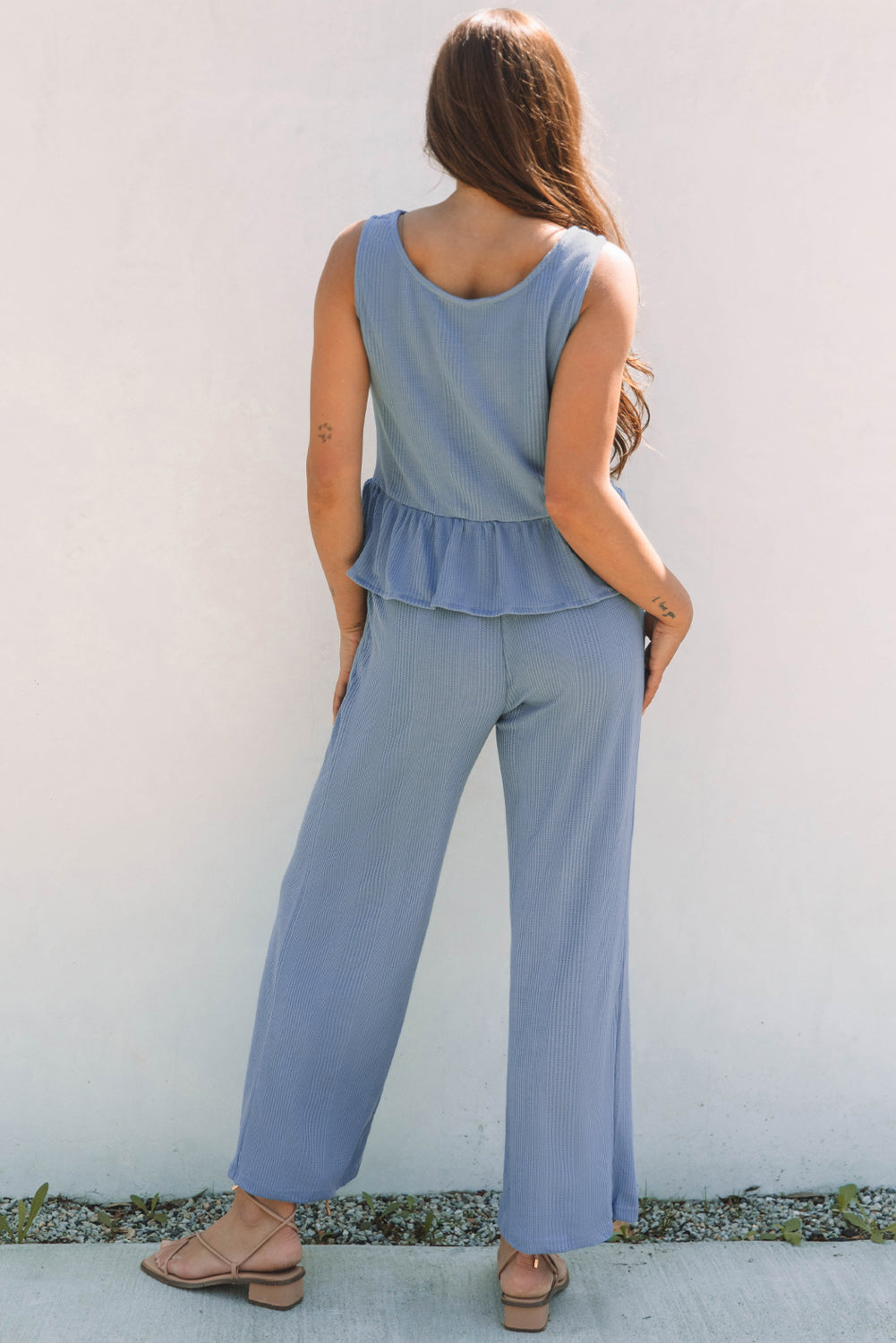 Duffel Green Solid Color Ribbed Ruffle Tank Top and Pants Set