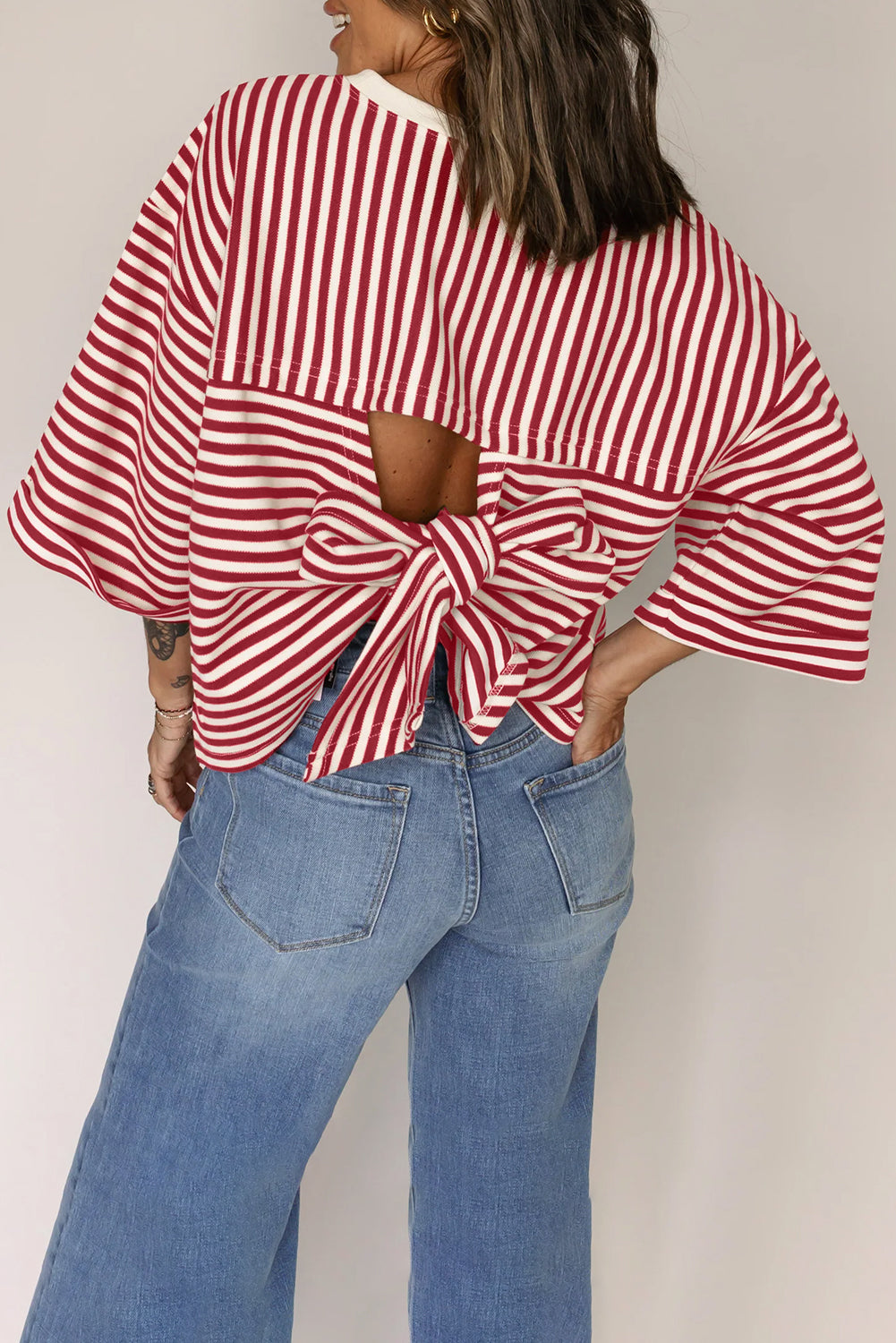 Black Stripe Bowknot Cutout Back Drop Shoulder Wide Bracelet Sleeve Loose Tee