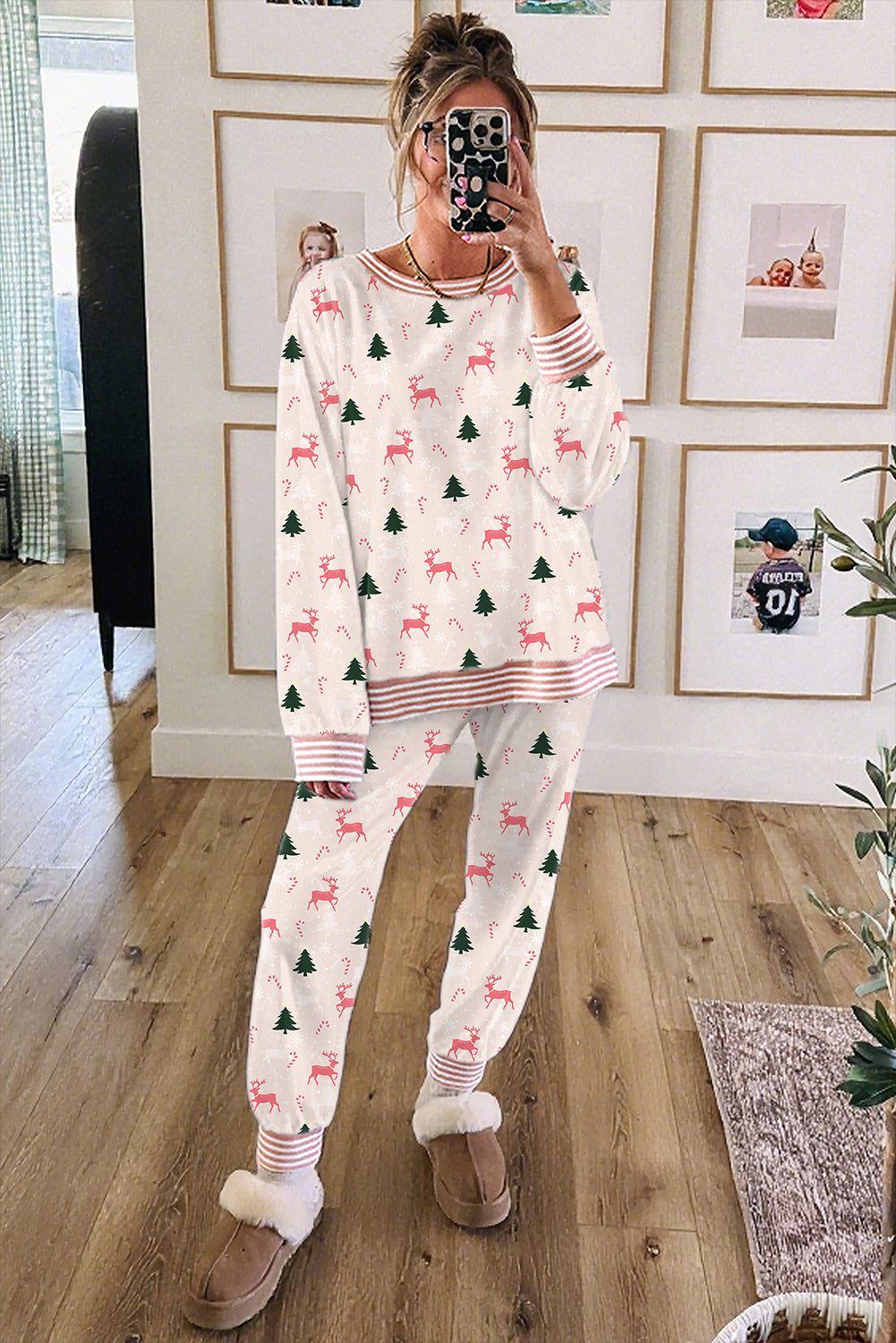 Pink Bow Christmas Tree Print Contrast Striped Banding 2pcs Lounge Set