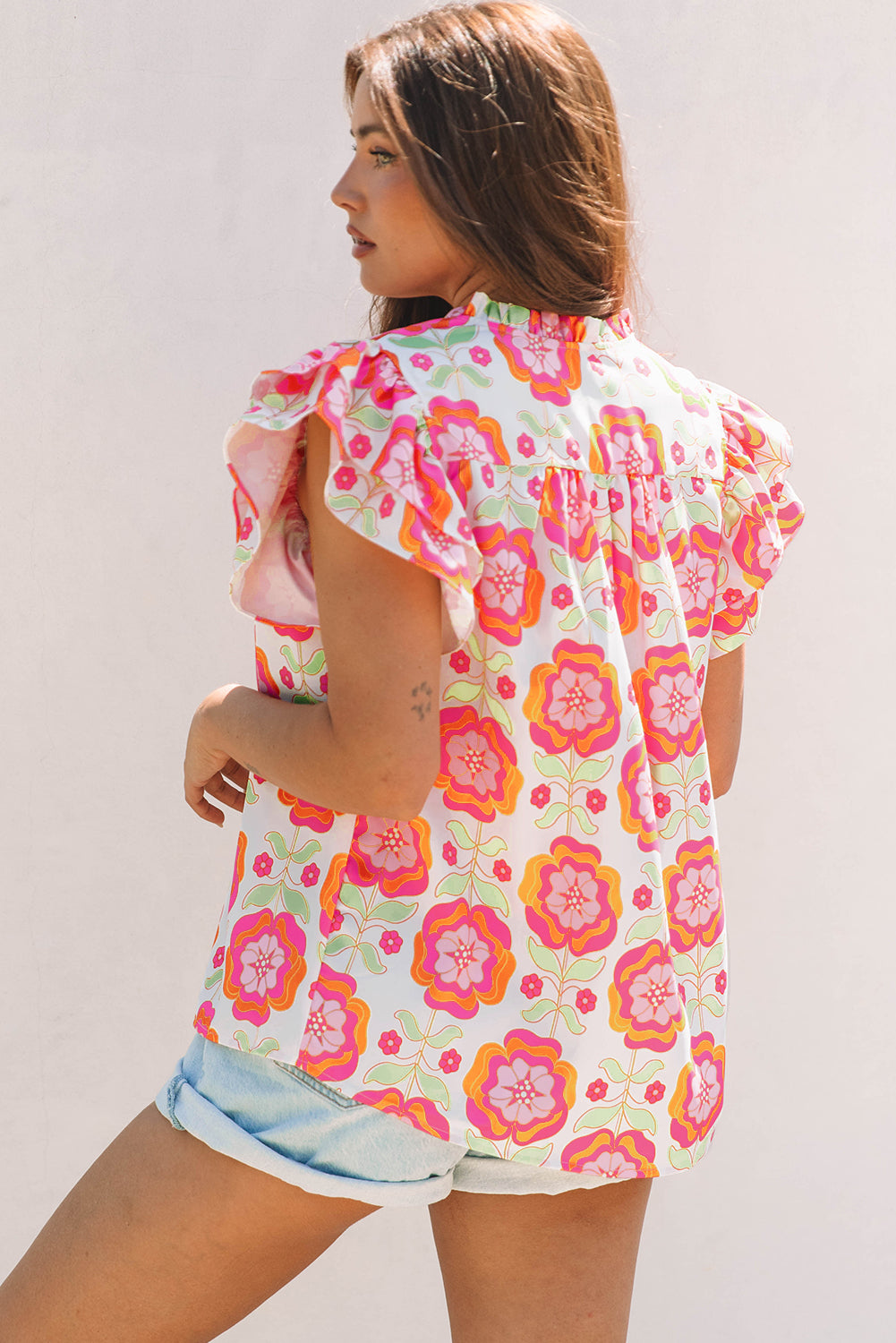 Rose Floral Ruffled Sleeve Ric-rac Trim Split Neck Loose Blouse