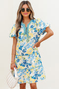 Blue Floral Striped Trim Puff Short Sleeve Dress
