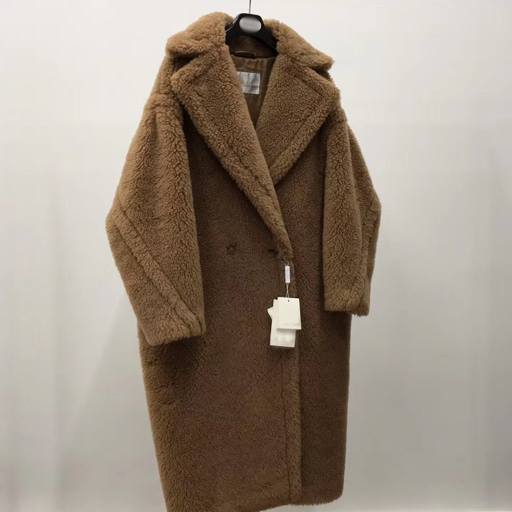 Women's Long Pink Wool Alpaca Fleecefiber Fur Coat