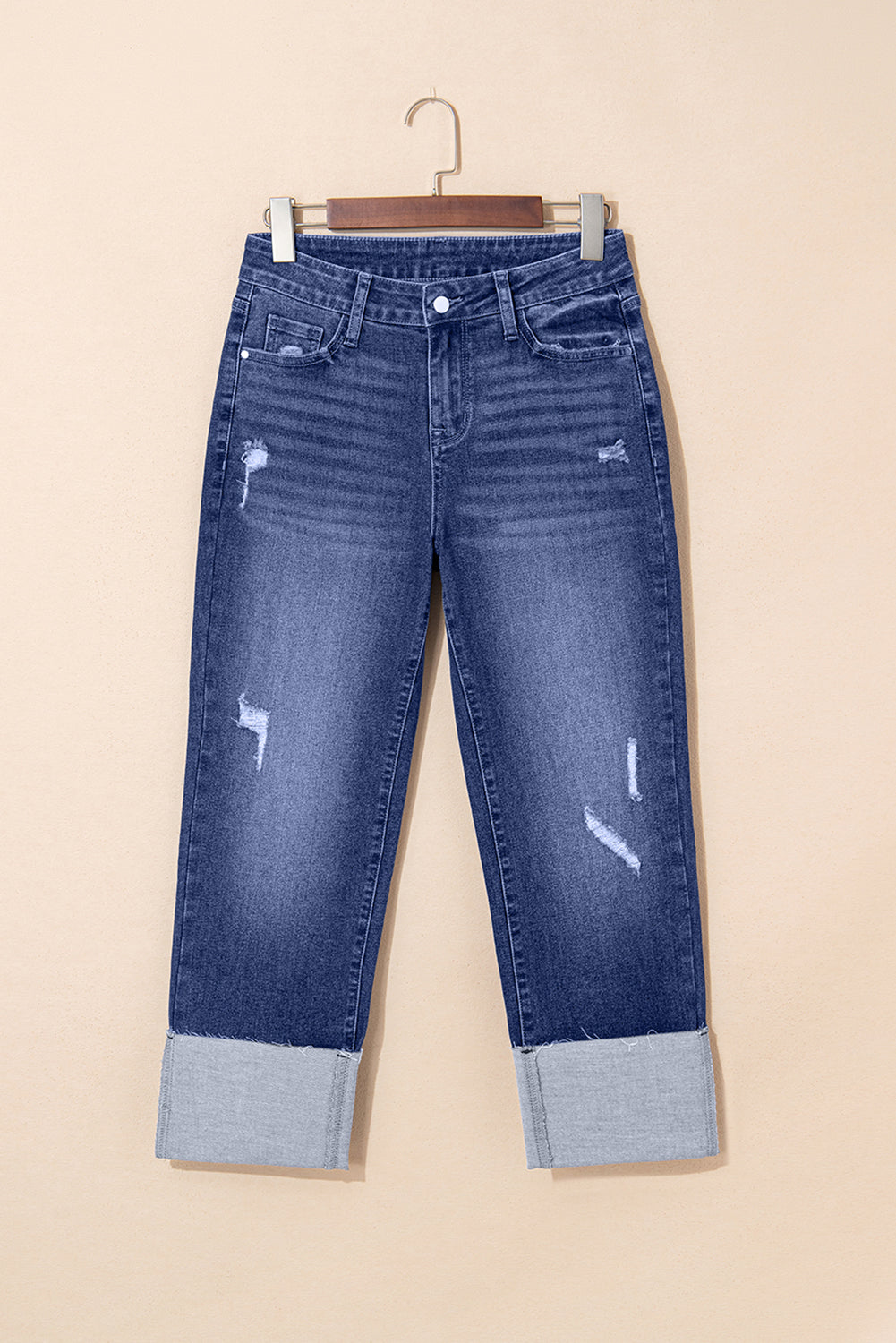 Real Teal Folded Cuffs Distressed Straight High Waist Jeans