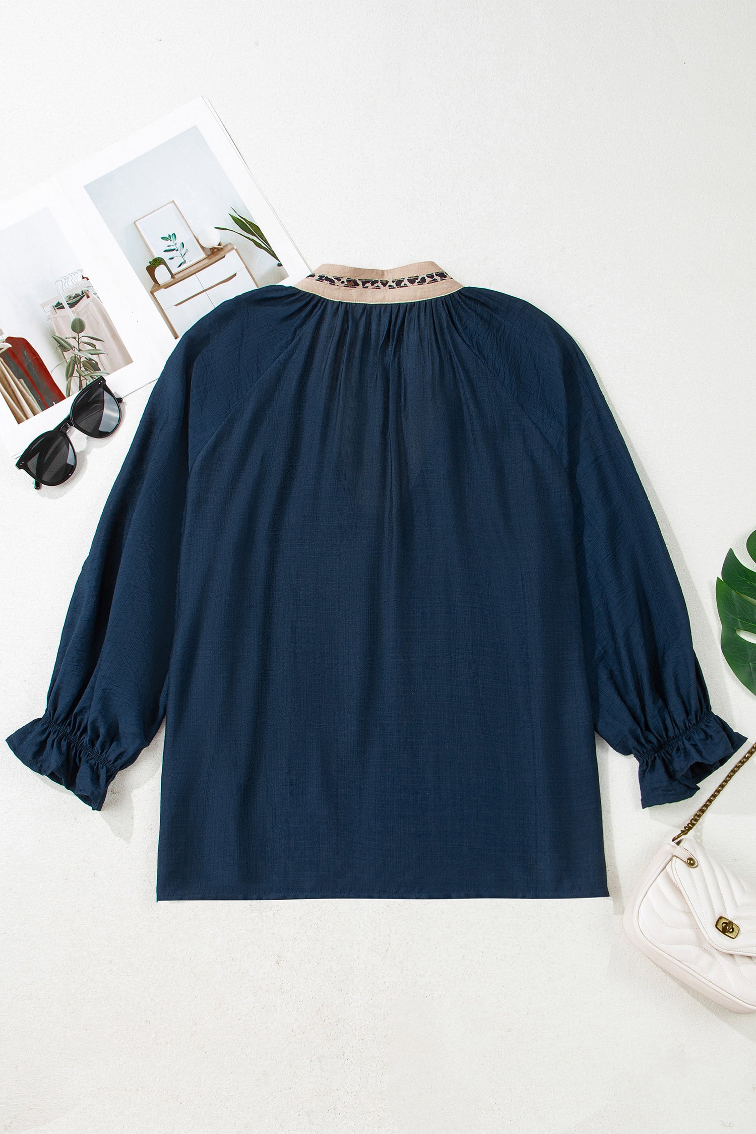 Navy Blue Contrast Leopard Patchwork Collar Plus Size Long Flounce Sleeve Blouse