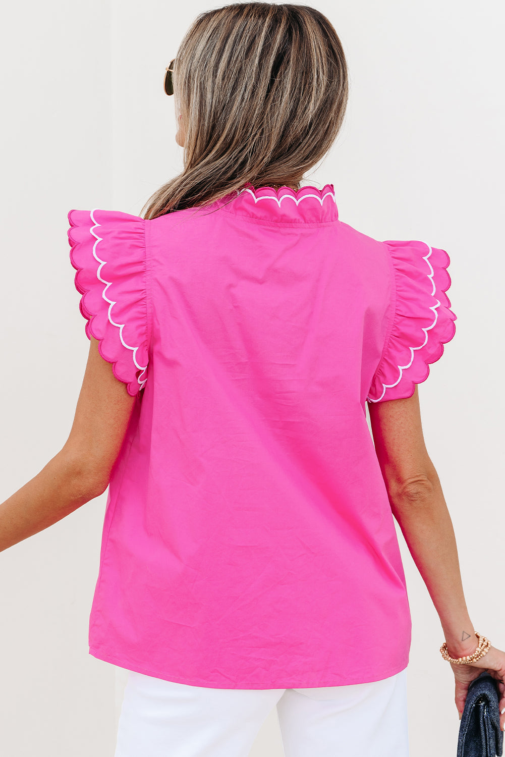 Bright Green Contrast Scallop Trim Layered Short Sleeve V Neck Blouse