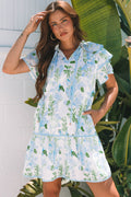 Sky Blue Floral Contrast Edge Layered Short Sleeve Mini Dress