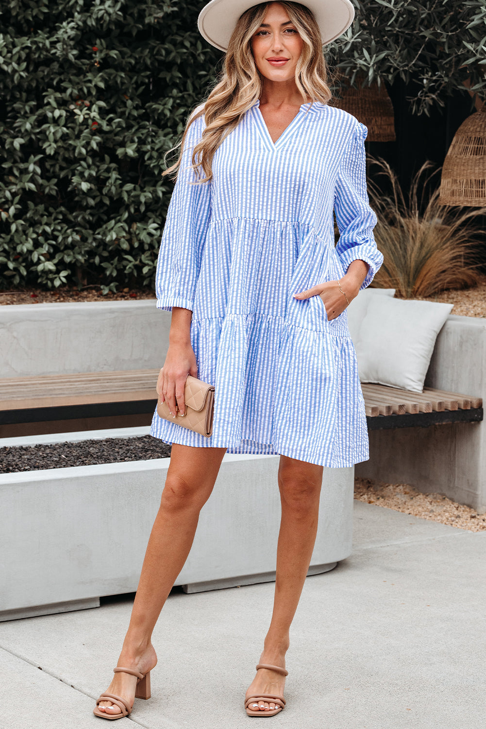 Sky Blue Stripe Bracelet Sleeve Tiered Shift Dress with Pockets