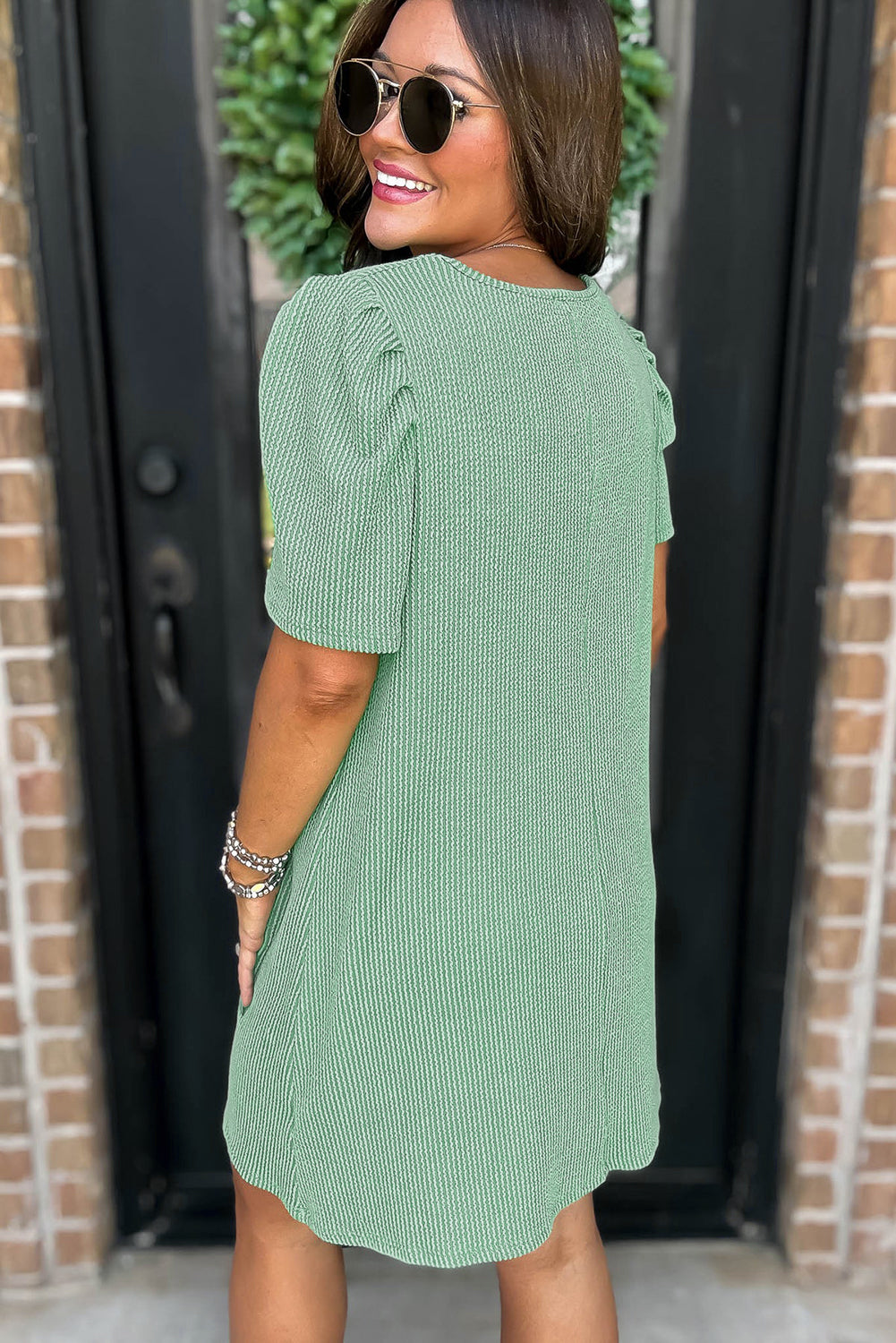 Parchment Corded Knit Crew Neck Puff Sleeve Shift Mini Dress