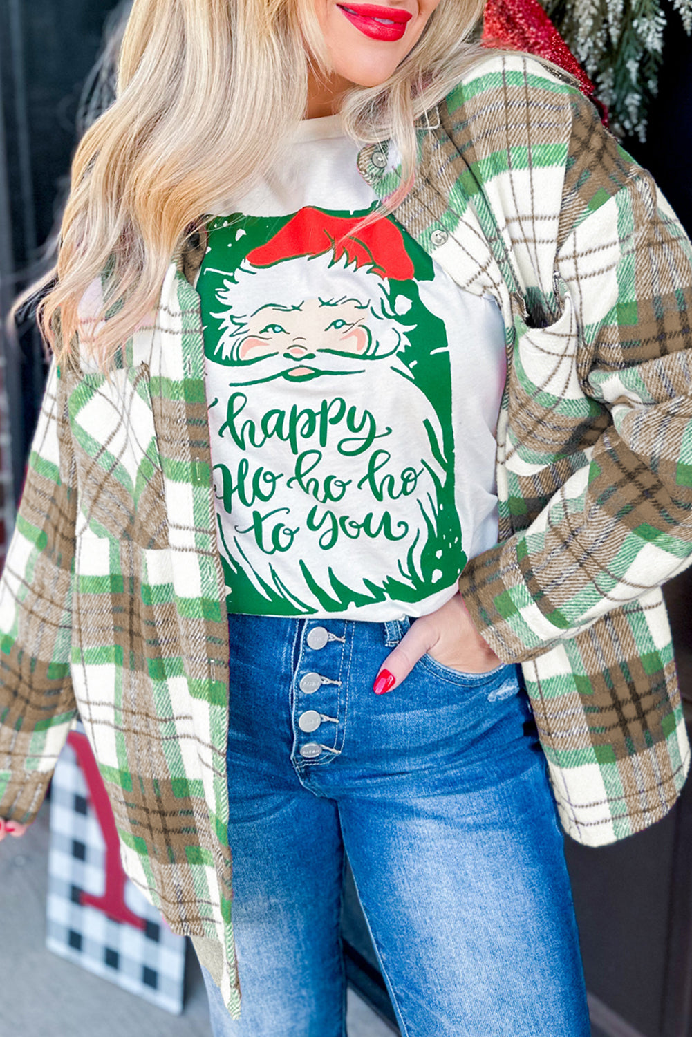 Khaki Christmas Plaid Casual Flannel Shacket