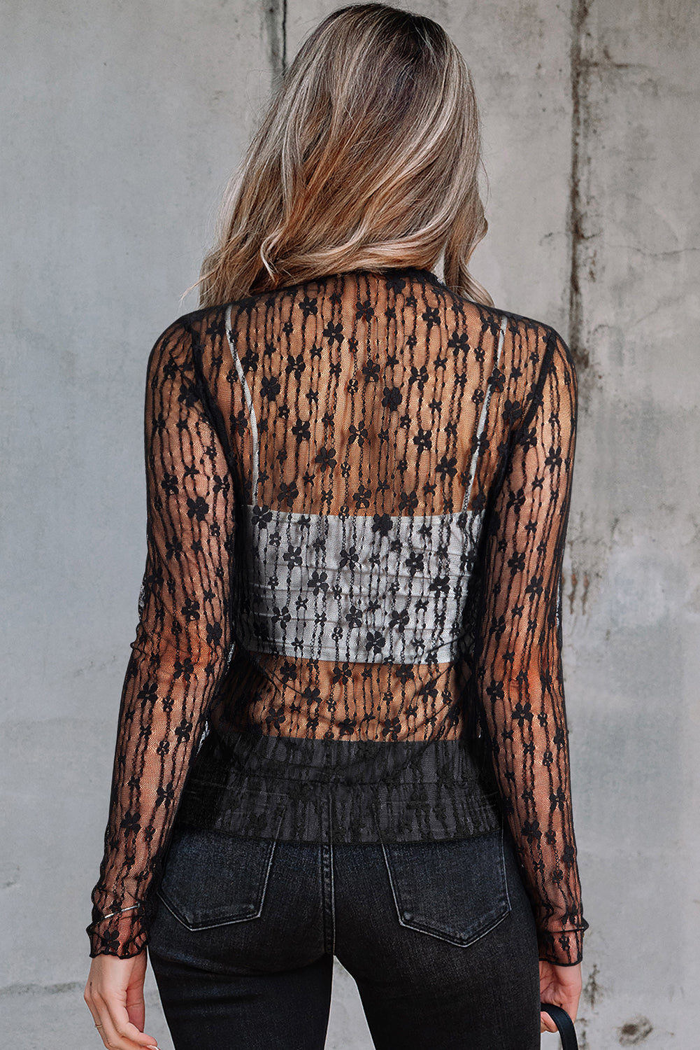 Ashleigh Blue Sheer Floral Lace Long Sleeve Slim Fit Top