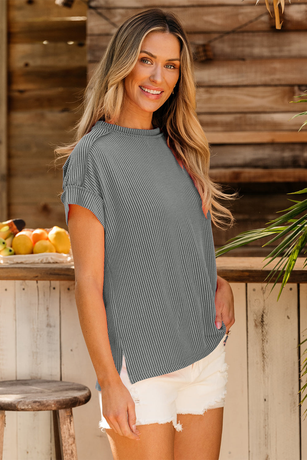 Dark Blue Textured Knit Exposed Stitching T-shirt