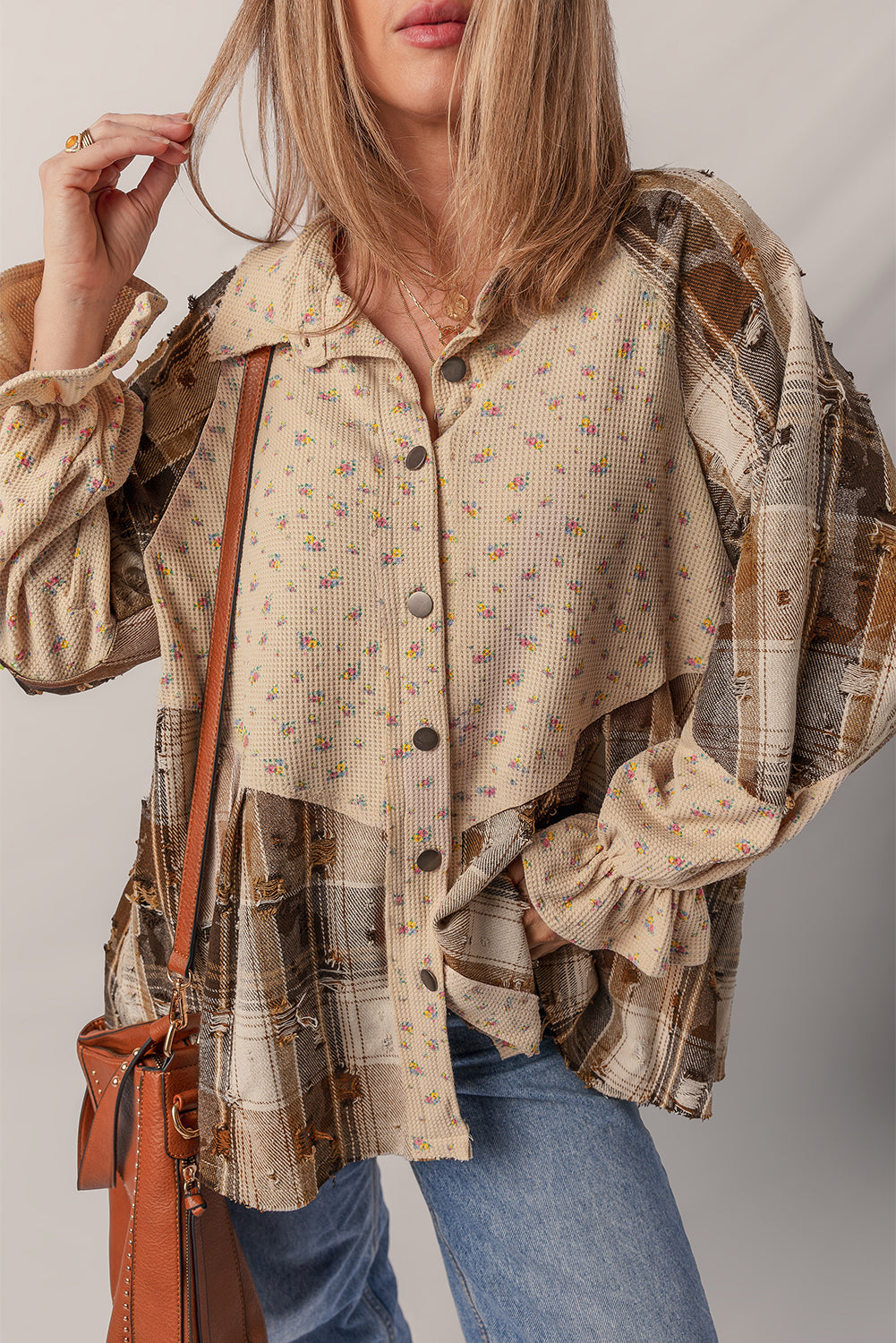 Oatmeal Boho Floral Plaid Patchwork Distressed Detail Ruffled Sleeve Waffle Knit Shacket